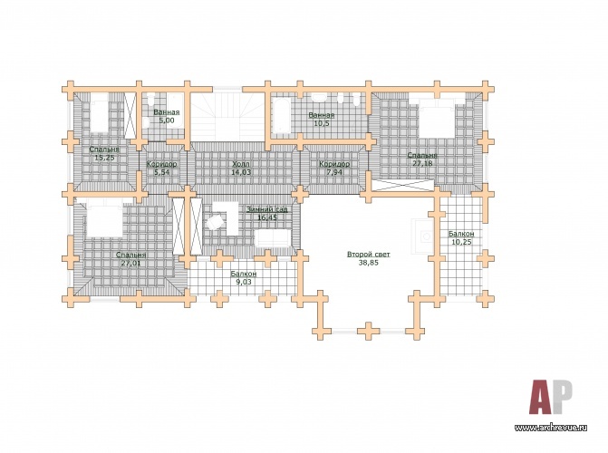 Планировка 2 этажа небольшого таунхауса. Общая площадь - 200 кв. м.