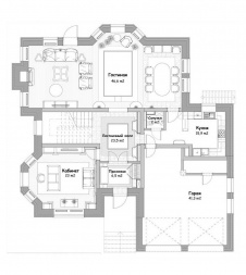 Планировка первого этажа 3-х этажного небольшого дома с парадным классическим интерьером.