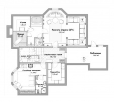 Планировка цокольного этажа 3-х этажного небольшого дома с парадным классическим интерьером.