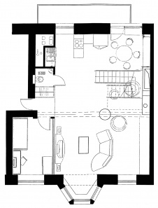 Планировка 1 этажа двухэтажной квартиры в современном стиле.