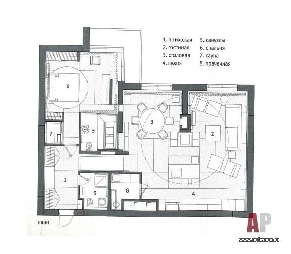 Планировка 2-х комнатной квартиры с общей гостиной, двумя санузлами и сауной.
