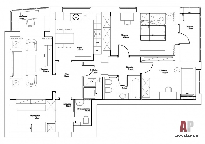 План 3-з комнатной квартиры 105 кв. м с двумя спальнями и изолированной кухней.