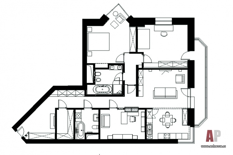 Планировка четырехкомнатной квартиры с общей гостиной-кухней.