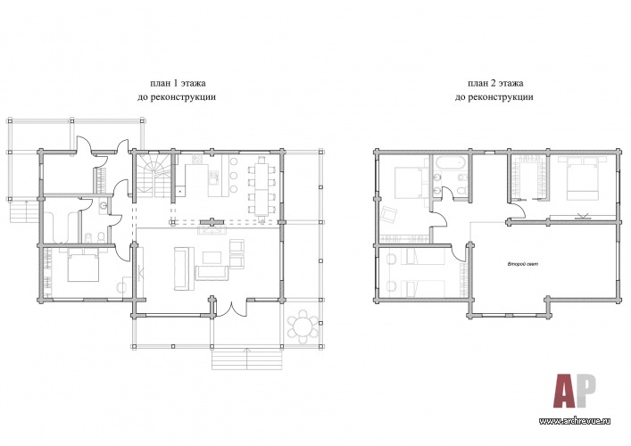 Планировка 1 и 2 этажей деревянного дома до реконструкции. Общая площадь - 234 кв. м. после рекнострукции