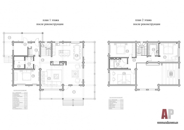 Планировка 1 и 2 этажей деревянного дома после реконструкции. Общая площадь - 234 кв. м. после рекнострукции