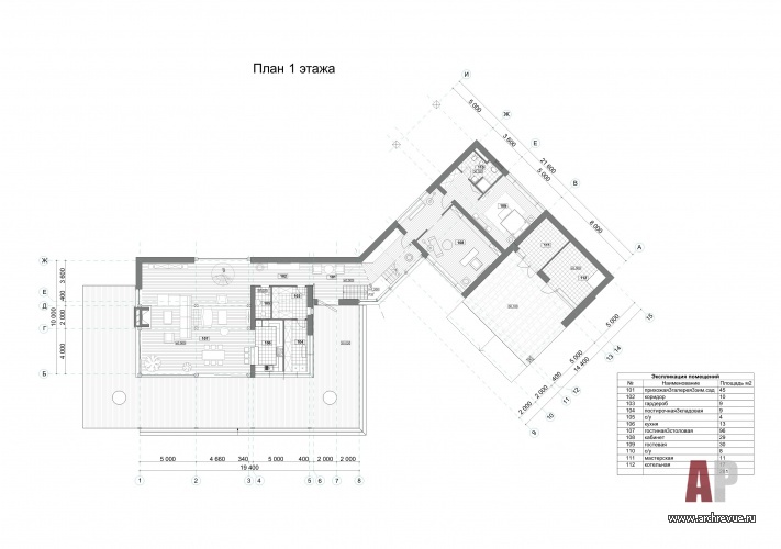 Планировка 1 этажа 2-х этажного дома 539 кв. м в Подмосковье.