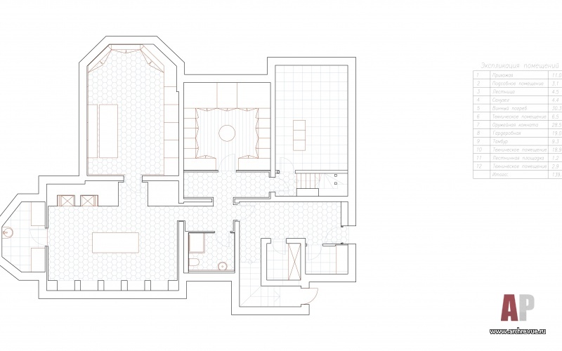 Планировка цокольного этажа 3-х этажного семейного дома в эклектичном стиле.