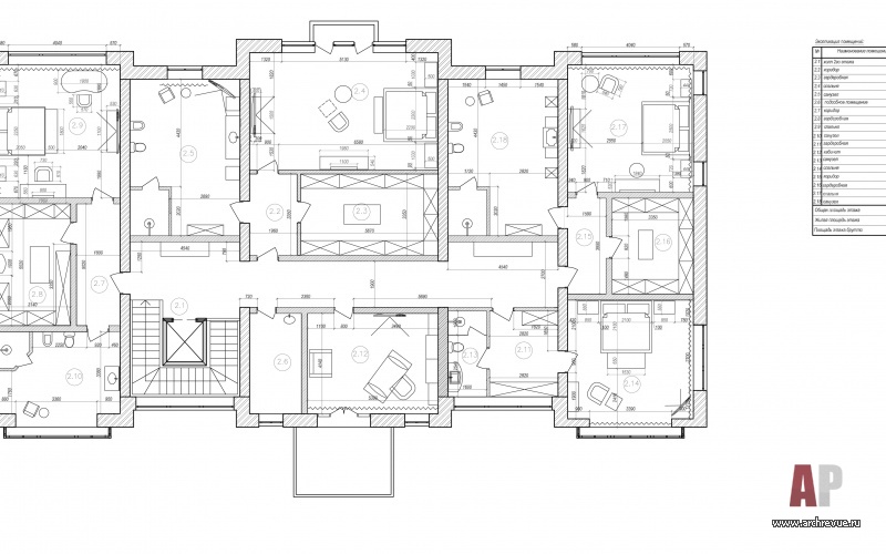 Планировка 2 этажа частного загородного особняка площадью 1700 кв. м.