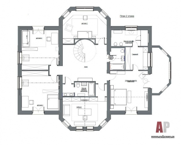 Планировка 2 этажа 2-х этажного семейного дома в Подмосковье.