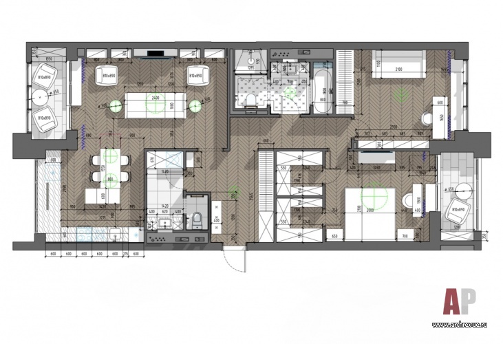Планировка 3-х комнатной квартиры для семьи с дочерью-подростком в новостройке премиум-класса.
