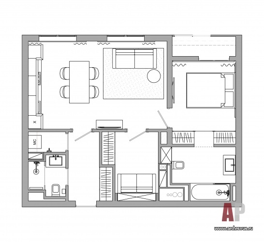 Планировка небольшой 3-х комнатной квартиры с тайной гостевой комнатой.