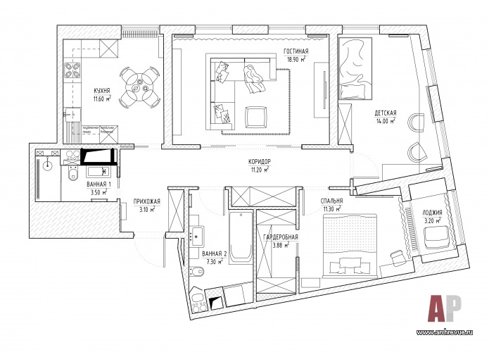 План небольшой 3-х комнатной квартиры в Подмосковье.
