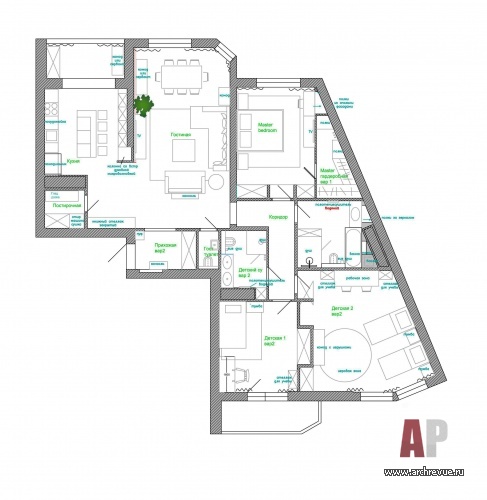 Планировка 4-х комнатной квартиры для семьи с тремя детьми в новостройке.