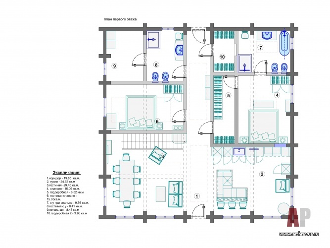 План 1 этажа небольшого 2-х этажного дома на Клязьминском водохранилище.