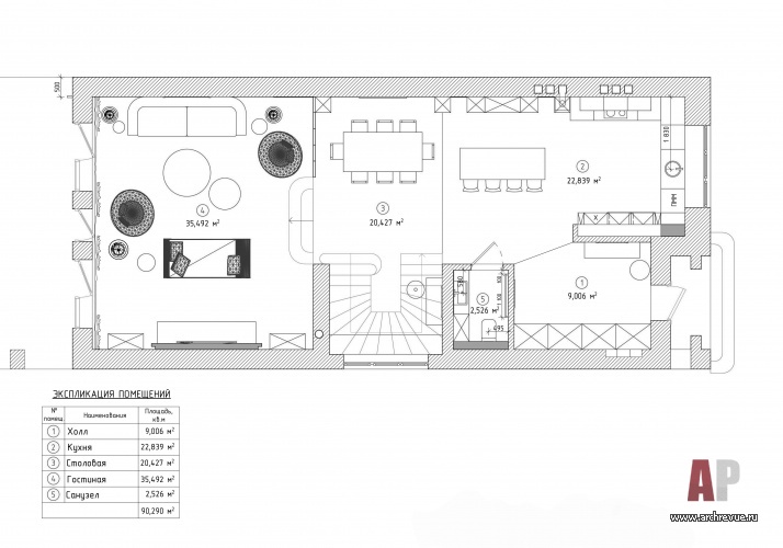 Планировка 1 этажа 3-х этажного таунхауса в клубном комплексе «Легенды Озера», Калининград.