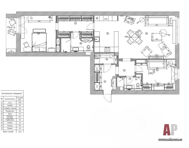План 3-х комнатной квартиры в новостройке в Хамовниках.