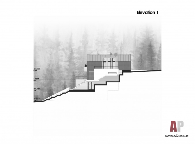 Планировка многоярусного дома, встроенного в холм. Разрез.