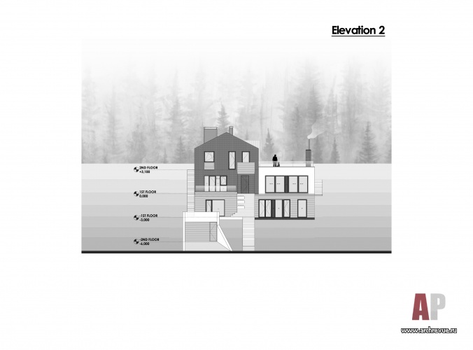 Планировка многоярусного дома, встроенного в холм. Разрез.