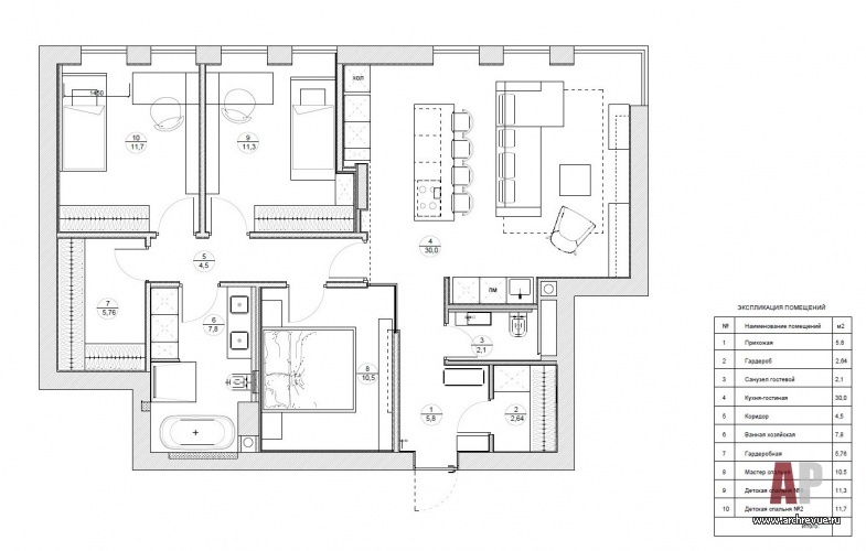 План небольшой 4-х комнатной квартиры для семьи с двумя детьми в ЖК The Mostman. Общая площадь – 100 кв. м.