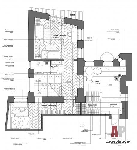 План первого этажа четырехэтажного пентхауса на Знаменке. Жилая площадь – 170 кв. м.