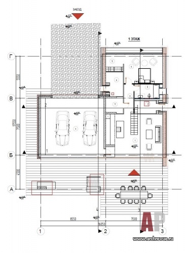 План первого этажа двухэтажного гостевого треугольного дома. Общая площадь - 188 кв. м.
