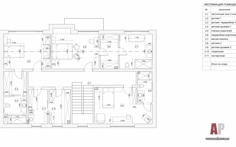 План второго этажа двухэтажного дома в Подмосковье. Общая площадь – 295 кв. м.