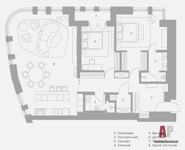 Планировка трехкомнатной квартиры в ЖК «Садовые кварталы». Общая площадь – 150 кв. м.