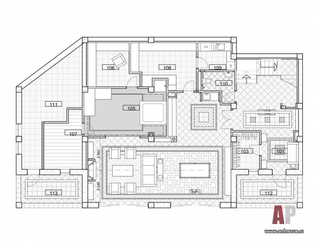 План первого этажа четырехэтажного дома в Сочи. Общая площадь с террасами - 720 кв. м.