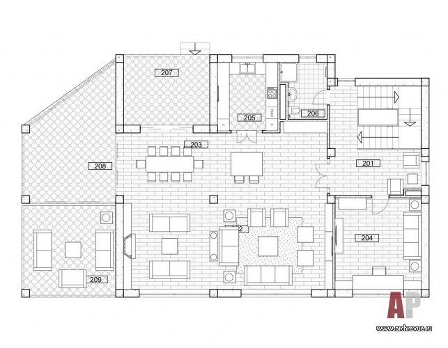 План второго этажа четырехэтажного дома в Сочи. Общая площадь с террасами - 720 кв. м.