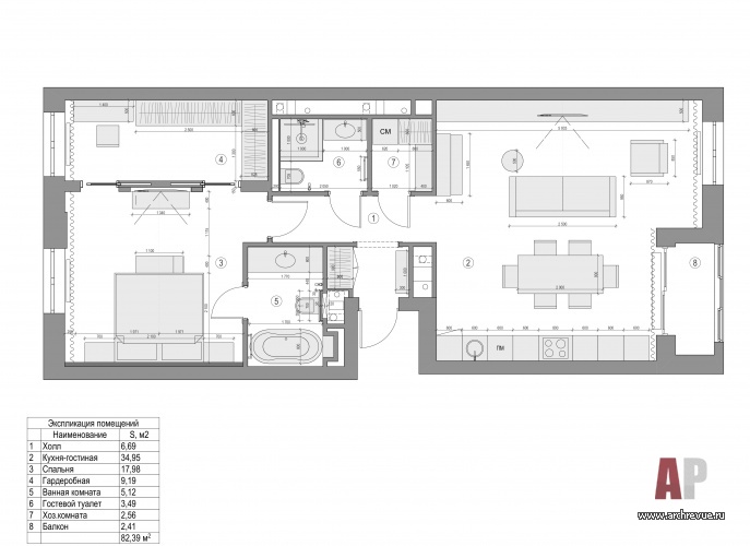 Планировка двухкомнатной квартиры в новостройке. Общая площадь – 86 кв. м.
