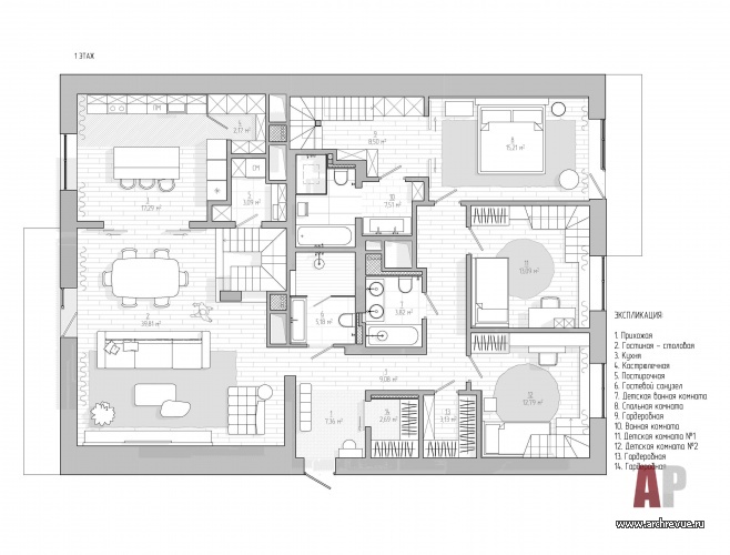 План первого этажа двухэтажного пентхауса на улице Вавилова. Общая площадь - 215 кв. м.