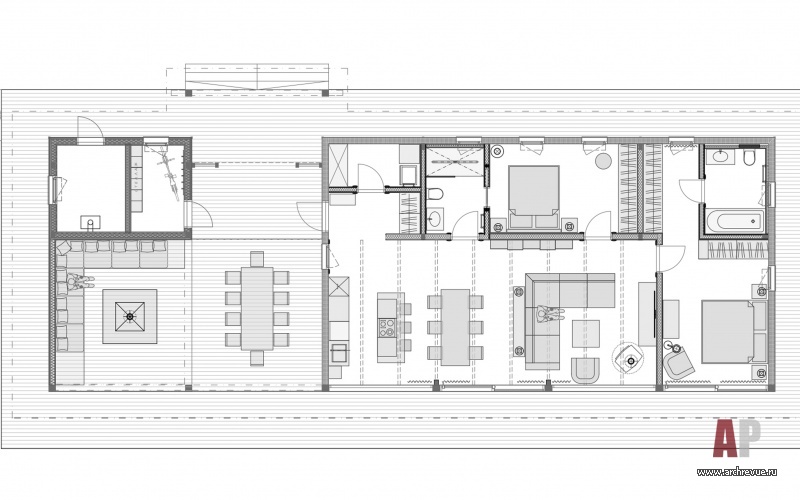 План одноэтажного деревянного дома с верандой по индивидуальному проекту. Общая площадь – 270 кв. м.