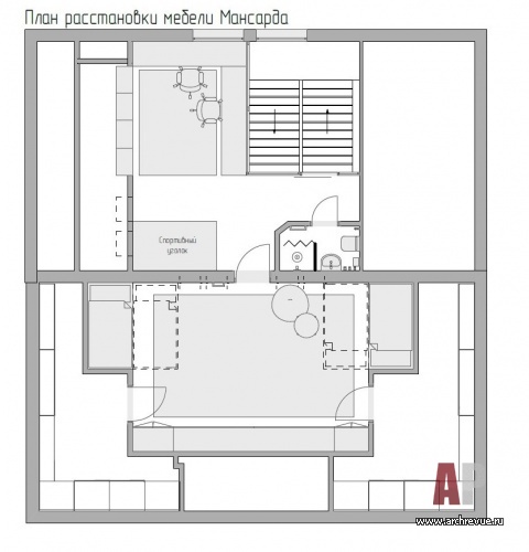 План мансардного этажа трехэтажного дома в Подмосковье. Общая площадь - 370 кв. м.