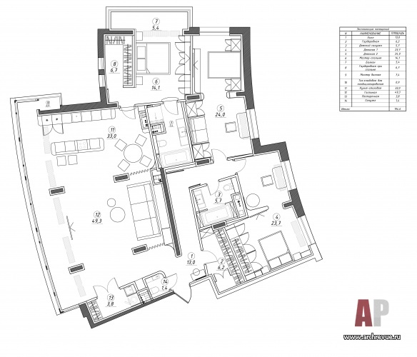 Перепланировка 4-х комнатной квартиры в новом ЖК, 220 кв. м.