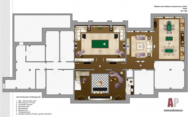 План цокольного этажа четырехэтажного дома в стиле ар-деко.
