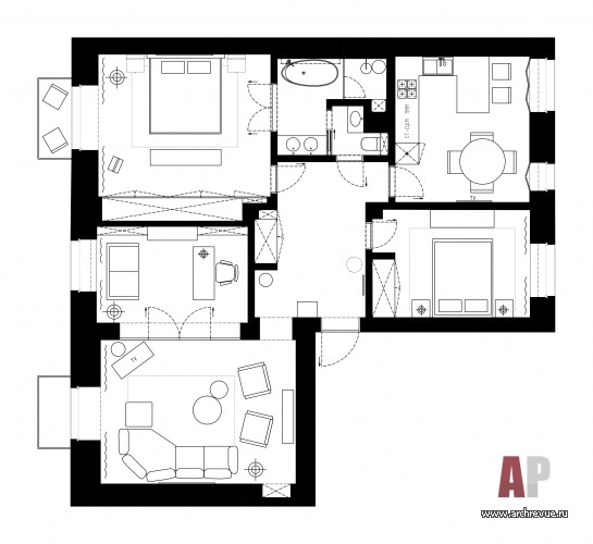 Перепланировка квартиры в старом жилом фонде. Общая площадь – 116 кв. м 