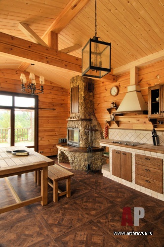 Фото интерьера кухни дома в стиле альпийского шале