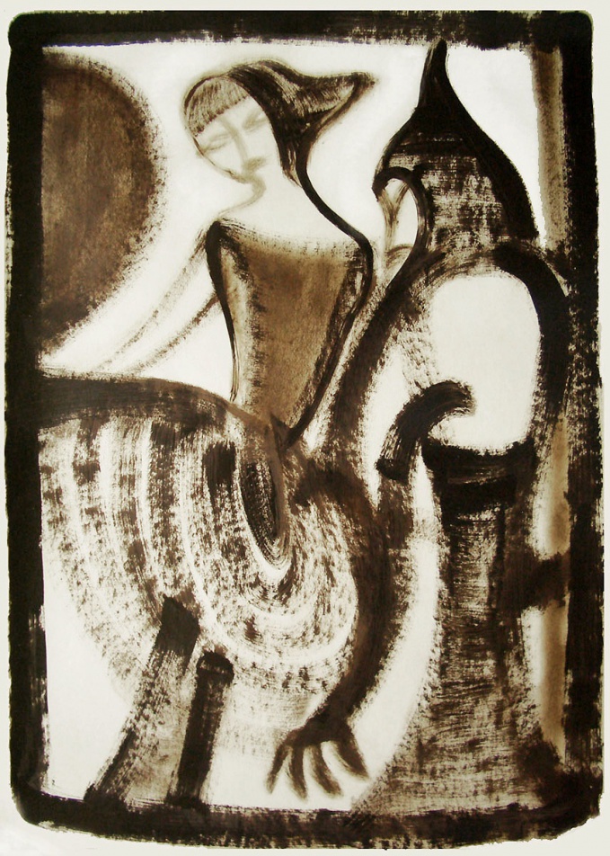 Жак Ихмальян. Танец двоих. Бумага, битумный лак, 1969 год