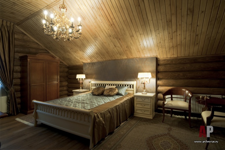 Фото интерьера гостевой гостевого деревянного дома в стиле шале