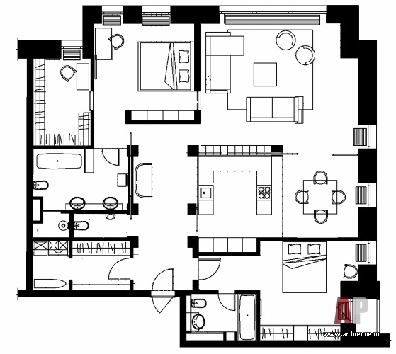 План 3-х комнатной квартиры в современном стиле площадью 152 кв. м.