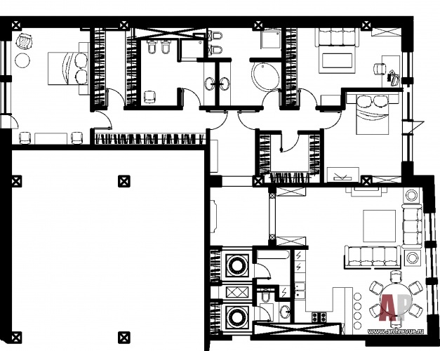 План 4-х комнатной квартиры 260 кв. м с тремя санузлами.
