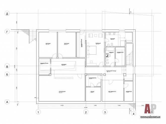 Планировка 1 этажа 2-х этажного дома. Приватный этаж расположен на нижнем уровне.