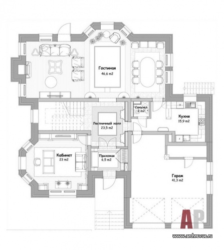 Планировка первого этажа 3-х этажного небольшого дома с парадным классическим интерьером.