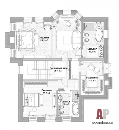Планировка второго этажа 3-х этажного небольшого дома с парадным классическим интерьером.