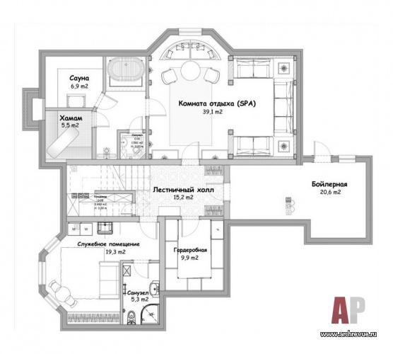 Планировка цокольного этажа 3-х этажного небольшого дома с парадным классическим интерьером.