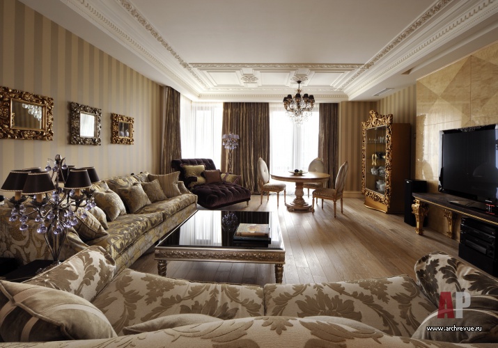 Фото интерьера гостиной квартиры в современном классическом стиле