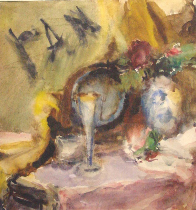 Александра Забелина, «Натюрморт с вазой, тарелкой и рюмкой», 43х39, 1954