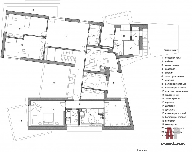 Планировка 2 этажа 2-х этажного дома со сложной геометрией.