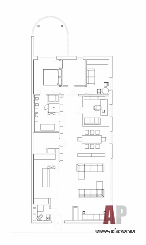 Планировка квартиры-студии 220 кв. м в современном стиле.