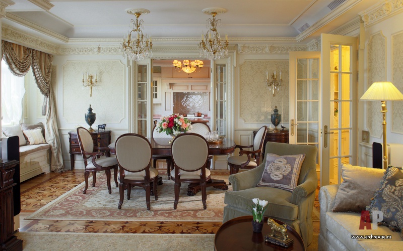 Фото интерьера гостиной квартиры в дворцовом стиле Фото интерьера столовой квартиры в дворцовом стиле